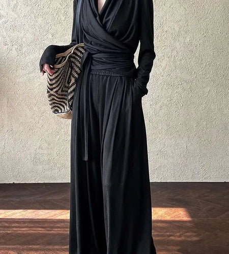 Bandage Elegant T-shirt Wide Leg Pants Two Piece Suit New V-Neck Long Sleeve Women Fashion Tide Spring Autumn 2025 1DJ0103