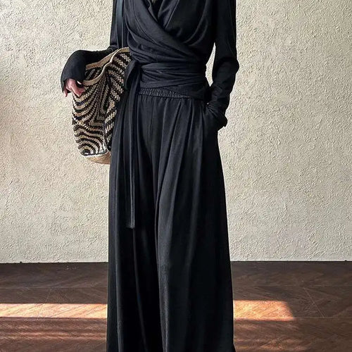 Load image into Gallery viewer, Bandage Elegant T-shirt Wide Leg Pants Two Piece Suit New V-Neck Long Sleeve Women Fashion Tide Spring Autumn 2025 1DJ0103
