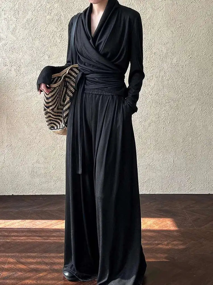 Bandage Elegant T-shirt Wide Leg Pants Two Piece Suit New V-Neck Long Sleeve Women Fashion Tide Spring Autumn 2025 1DJ0103