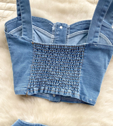 Female Chic Retro Suits Strap Button Elasticity Short Tank+Pleated Mini Skirt Fashion Hotsweet Denim Two Pieces Set