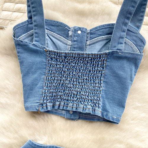 Load image into Gallery viewer, Female Chic Retro Suits Strap Button Elasticity Short Tank+Pleated Mini Skirt Fashion Hotsweet Denim Two Pieces Set
