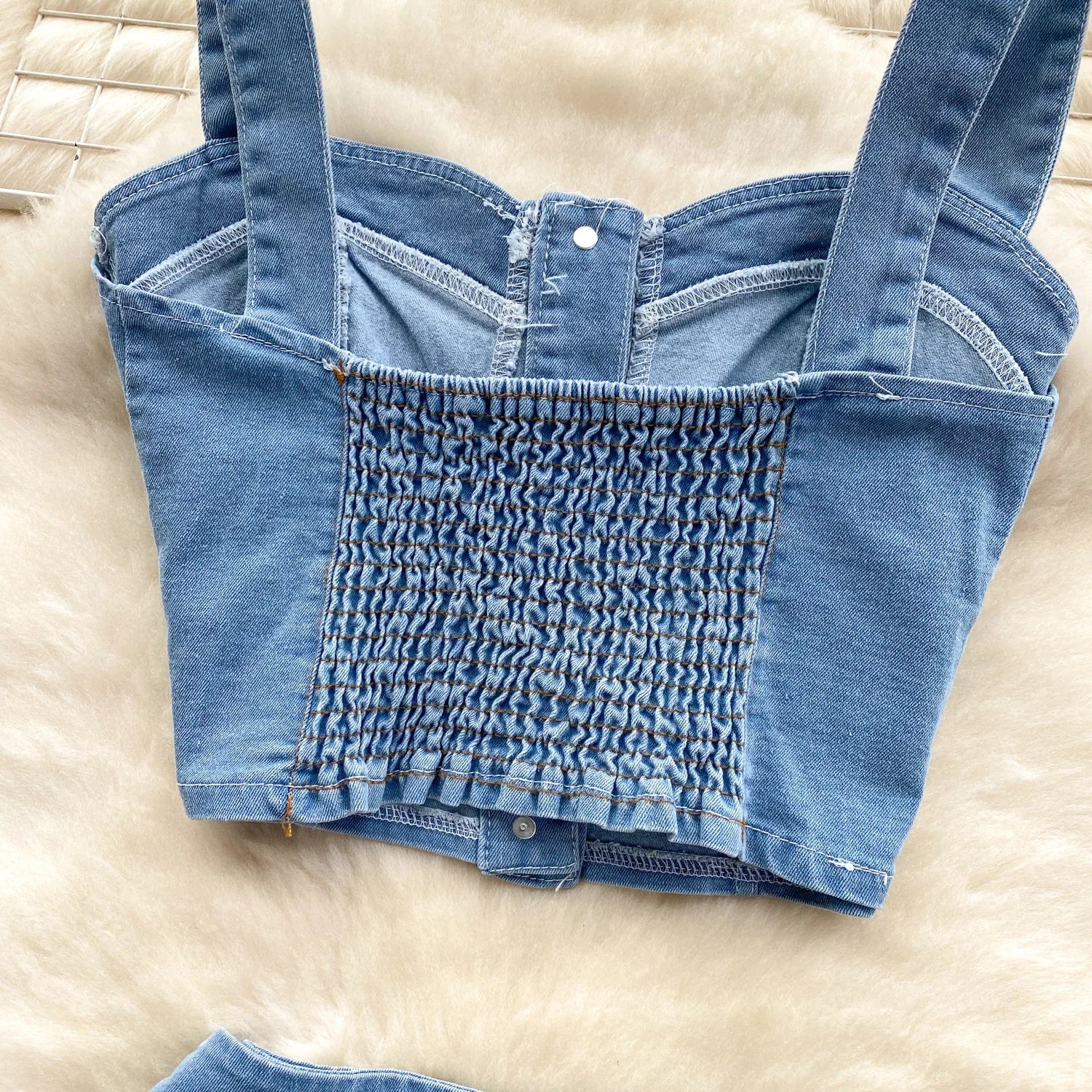 Female Chic Retro Suits Strap Button Elasticity Short Tank+Pleated Mini Skirt Fashion Hotsweet Denim Two Pieces Set