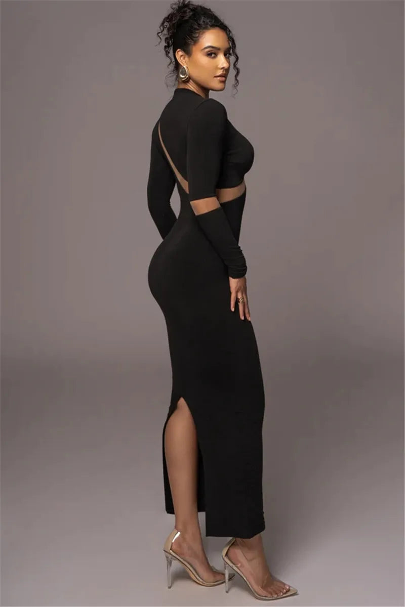 Turtleneck Long Sleeve Bodycon Maxi Dress For Women Autumn New Patchwork Hollow Out Club Party Sexy Long Dress Vestidos