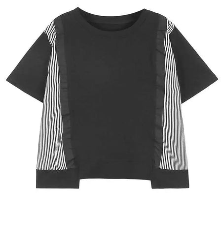 Women Black Striped Irregular Spliced Big Size T-shirt New Round Neck Short Sleeve Fashion Spring Summer  2025 1DH5229