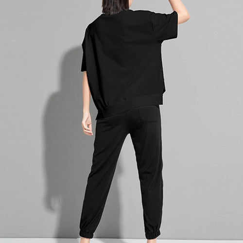 Load image into Gallery viewer, Women Black Zipper Irregular Big Size Casual T-shirt New Round Neck Shoort Sleeve Fashion Tide Spring Summer 2025 1DJ1827
