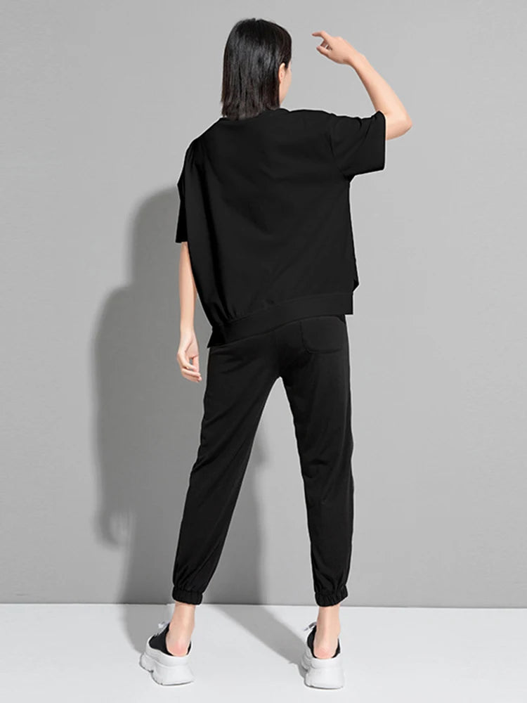 Women Black Zipper Irregular Big Size Casual T-shirt New Round Neck Shoort Sleeve Fashion Tide Spring Summer 2025 1DJ1827