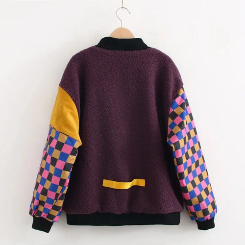 Load image into Gallery viewer, Design Harajuku Color Block Plaid Stitching Sleeves Thick Warm Winter Coat for Women Purple Basic Jackets
