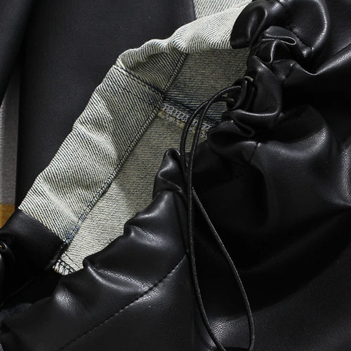 Load image into Gallery viewer, High Waist Black Color-block Leather Denim Long Wide Leg Jeans New Loose Women Trousers Fashion Spring Autumn 2025 1DH3903
