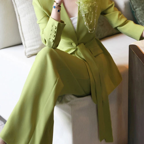 Load image into Gallery viewer, Temperament Two Piece Sets for Women V Neck Long Sleeves Spliced 3D Flower Blazer Wide Leg Pant Set Female Clothing
