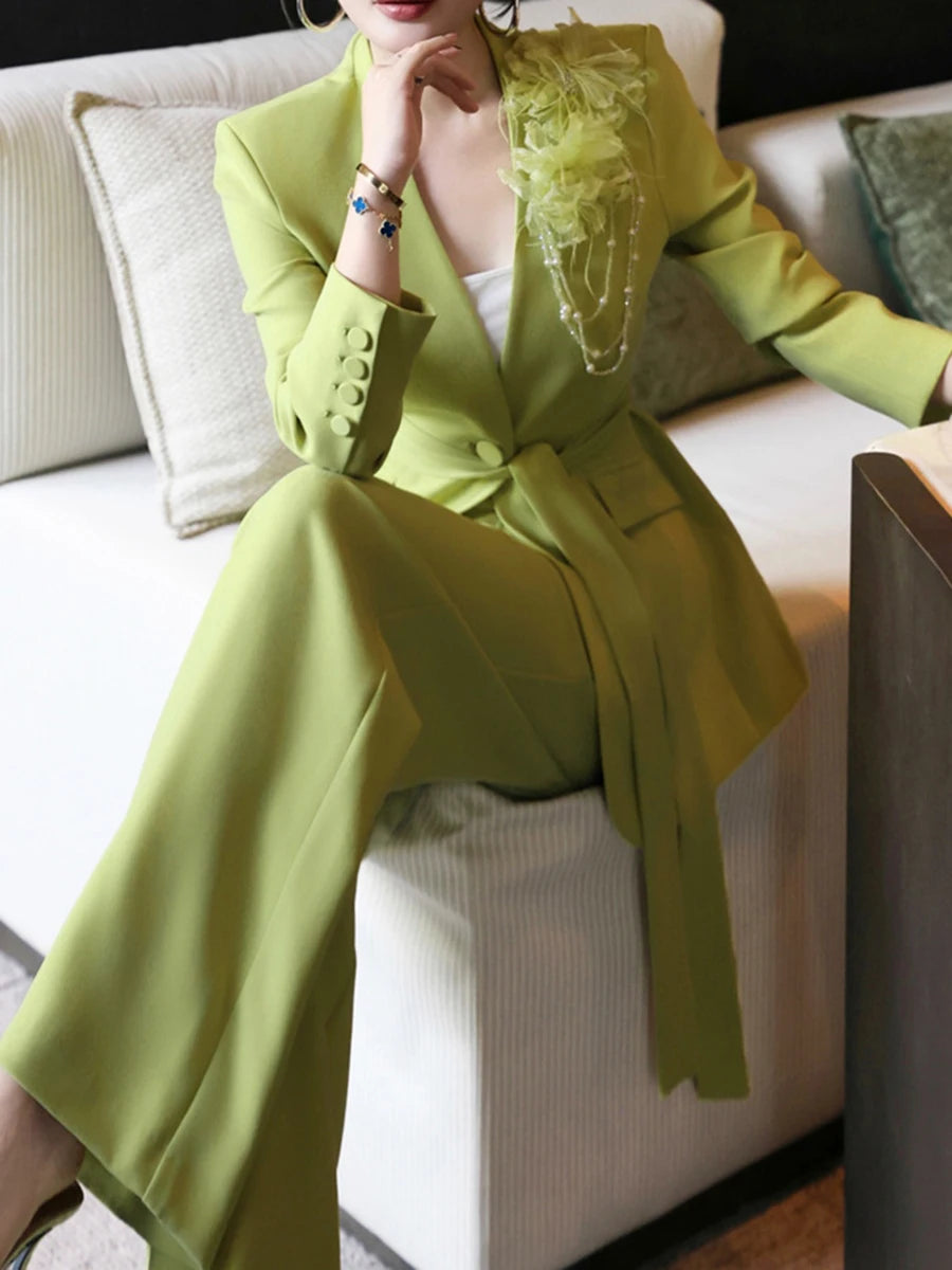 Temperament Two Piece Sets for Women V Neck Long Sleeves Spliced 3D Flower Blazer Wide Leg Pant Set Female Clothing