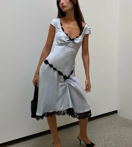 Satin Lace V-Neck Shirring Asymmetrical Slim Midi Dress Women Sexy Solid Dress 2023 Spring Summer New Sweet Partywear