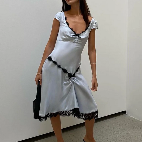 Load image into Gallery viewer, Satin Lace V-Neck Shirring Asymmetrical Slim Midi Dress Women Sexy Solid Dress 2023 Spring Summer New Sweet Partywear
