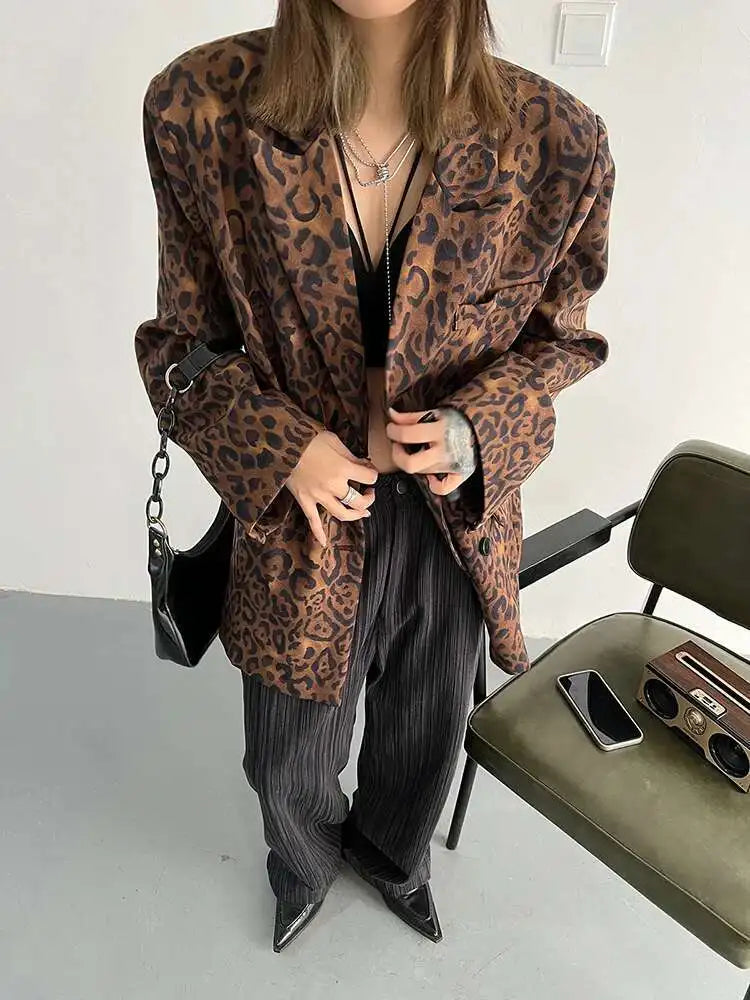 Women Leopard Print Big Size Casual Blazer New Lapel Long Sleeve Loose Fit Jacket Fashion Tide Spring Autumn 2025 1DF2518