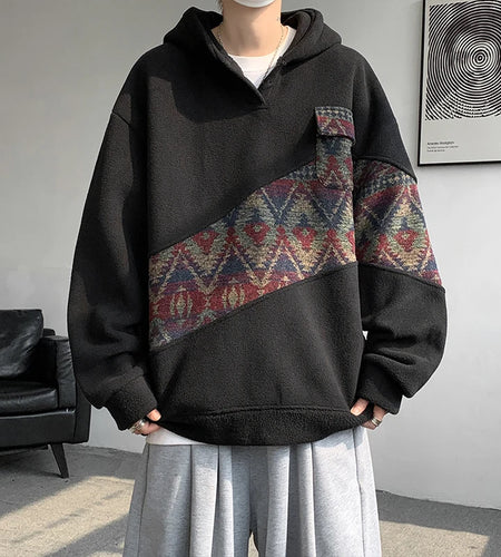 Korean Style Patchwork Men's Hoodie Contrast Color Pockets Casual Warm Male Fleece Sweatshirts  2024 Autumn Winter 9C8850
