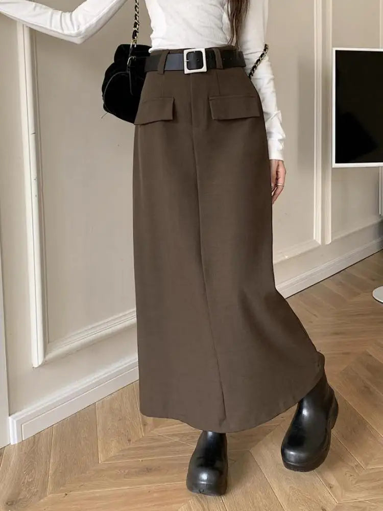 Fashion Black Belt Suit Long Skirt Women Y2k Spring Autumn Brown High Waist Skirts Female 2023 New Grey Casual Skirt Streetwear