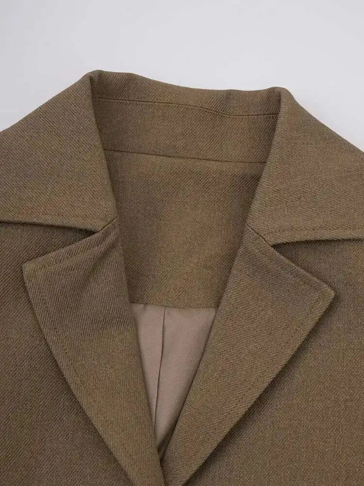 Women Khaki Single Breasted Belted Pocket Elegant Blazer New Lapel Long Sleeve Jacket Fashion Spring Autumn 2025 CPDB212