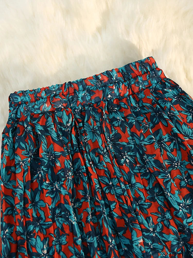 Chiffon Floral Print Skirt Women's Summer Split Pleated Skirt Elastic High Waist A-line Medium Length A Line Plissee Skirts 2022