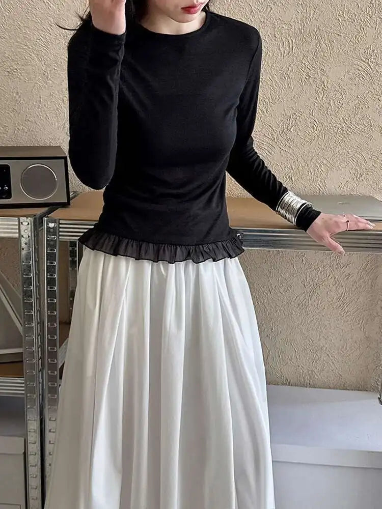 Women Black White Plain Color Ruffles Hem Thin T-shirt New Round Neck Long Sleeve Fashion Tide Spring Autumn 2025 1DJ0815