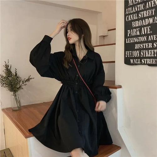 Load image into Gallery viewer, Shirt Dress Women Korean Style Polo Collar Black Long Sleeve Wrap Mini Dress Casual Solid Kpop Clothes Woman
