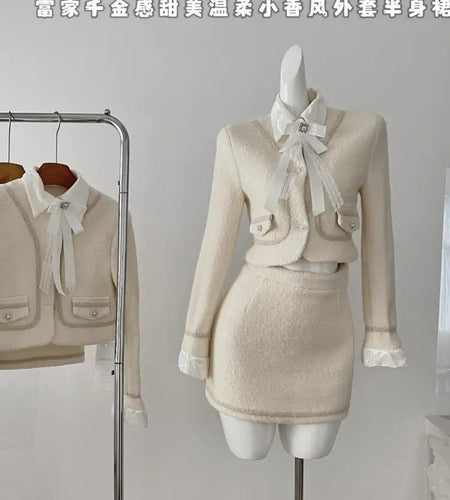 Autumn Winter Vintage Fashion Two Piece Set Women Beige Bow Button Long Sleeves Coat Tops And High Waist A-line Half Short Skirt