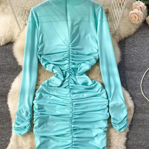 Load image into Gallery viewer, Retro Blue Bodycon Pleated Dress Women Long Sleeved Gray Dresses Women Autumn Black Sexy Club Dress Festival Night Party Dresses
