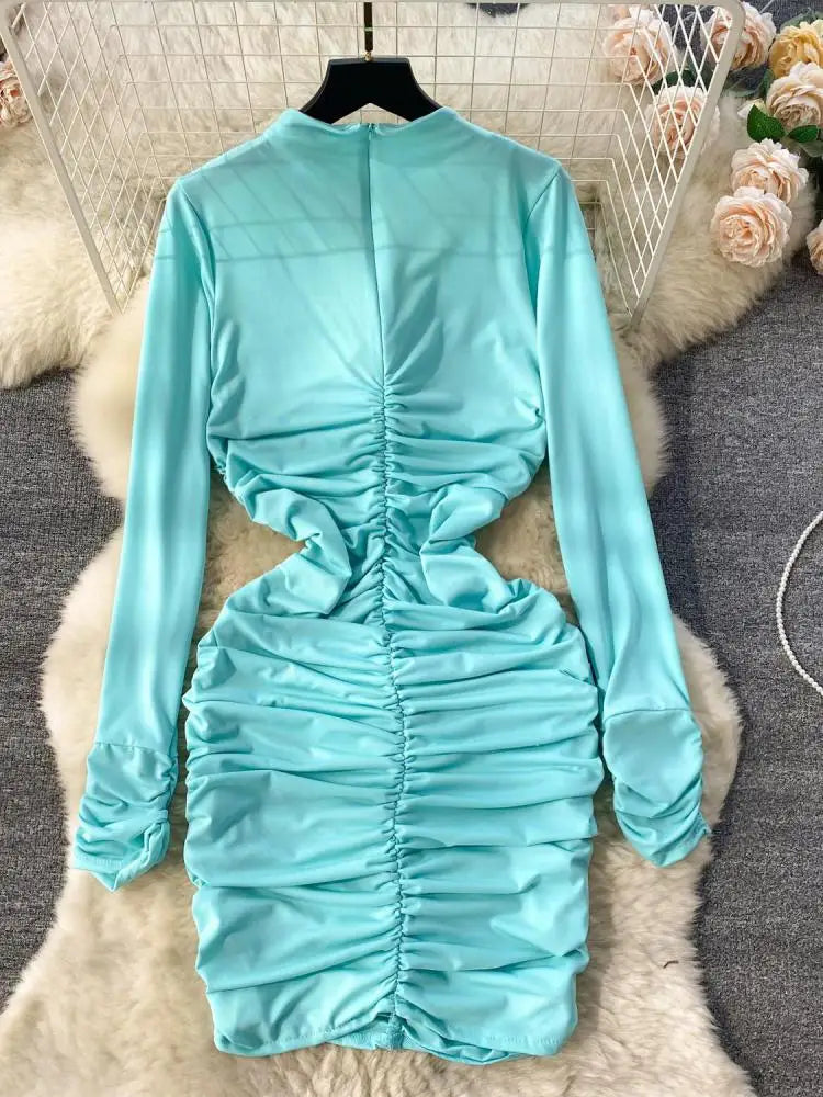 Retro Blue Bodycon Pleated Dress Women Long Sleeved Gray Dresses Women Autumn Black Sexy Club Dress Festival Night Party Dresses