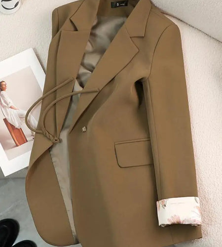 Women Chinese Style Black Beige Single Button Offie Blazers Coat Autumn Winter Vintage Brown Patchwork Professional Tops Popular