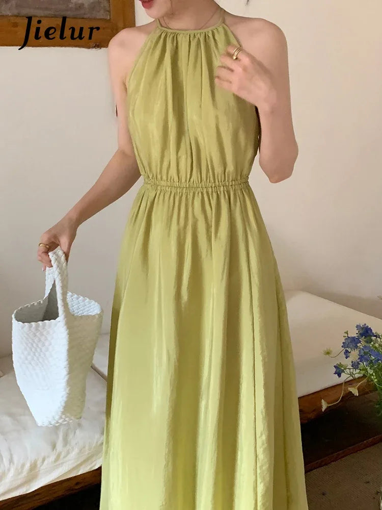 Halter Hollow Sleeveless Elegant Dress Slim Waist Solid Color O-neck Vacation Women's Dresses Summer Fashion Female Dress