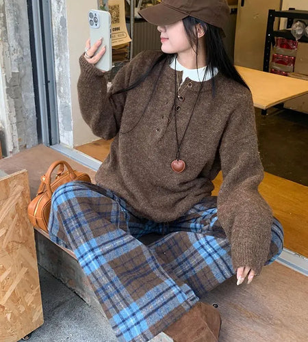 Retro Blue Plaid Drawstring Lace-up Wide Leg Pant Autumn Winter High Waist Loose Pleated Straight Trousers Streetwear Casual Y2k