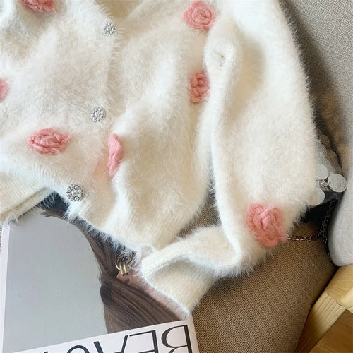 Load image into Gallery viewer, Autumn Winter White Pink Flower Decoration Knitted Cardigan Tops Women V Neck Single Breasted Long Sleeve Imitation Mink Sweater
