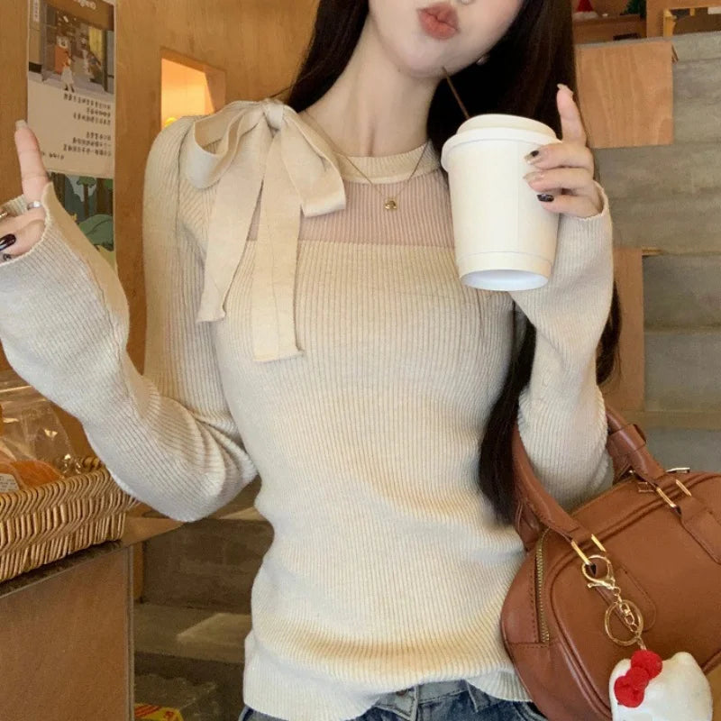 y2k Fairycore Top Women Clothing Solid Color Tie Bow Round Neck Long Sleeve Knitted T Shirt 2000s Clothes Streetwear