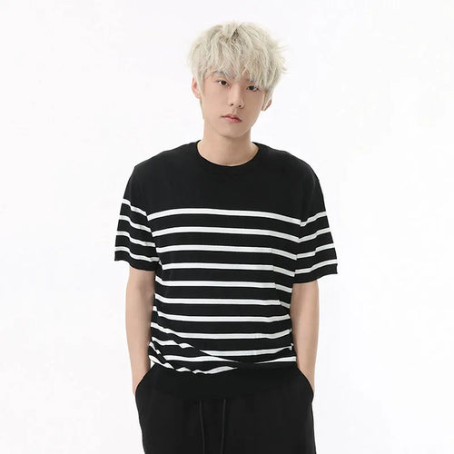 Load image into Gallery viewer, Summer Men's T-shirts Short Sleeve New Korean Striped Contrast Color Pullover Round Neck Casual Simple Male T-shirt 9W1601
