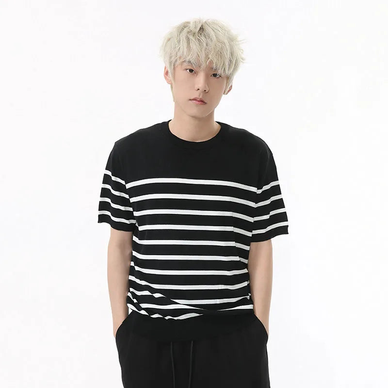 Summer Men's T-shirts Short Sleeve New Korean Striped Contrast Color Pullover Round Neck Casual Simple Male T-shirt 9W1601