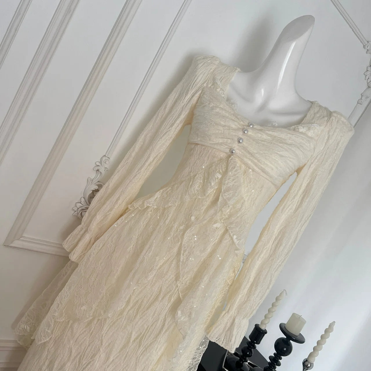 Vintage Women Beige Sequined Lace Pearl Elegant Ruffle Edge Dress Autumn Square Collar Long Sleeve Festival Party Evening Dress