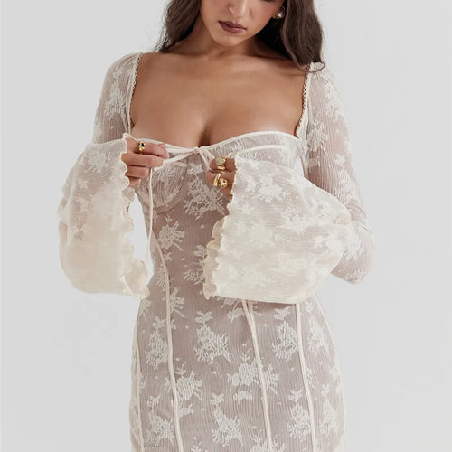 Load image into Gallery viewer, Lace Print Long Flare Sleeve Sexy Maxi Dress For Women Fashion Square Collar Backless Bodycon Club Party Sexy Dress
