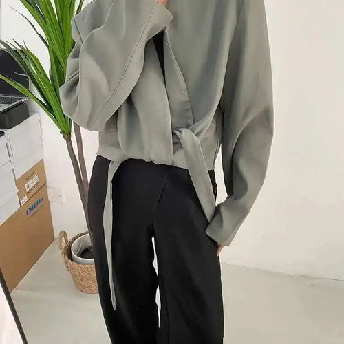 Load image into Gallery viewer, Women Gray Green Ribbon Short Big Size Blazer New Lapel Long Sleeve Loose Jacket Fashion Tide Spring Autumn 2025 1DF0385
