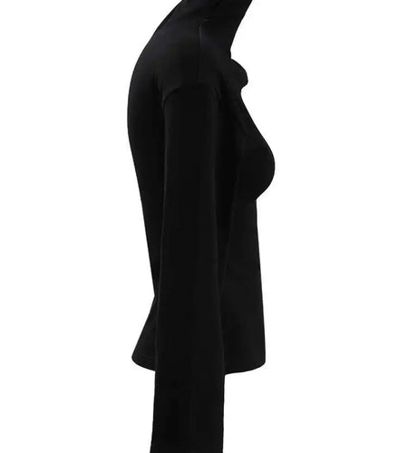 Women Black Hollow Out Slim Elegant Plain T-shirt New Turtleneck Long Sleeve Fashion Tide Spring Autumn 2025 CPDB103