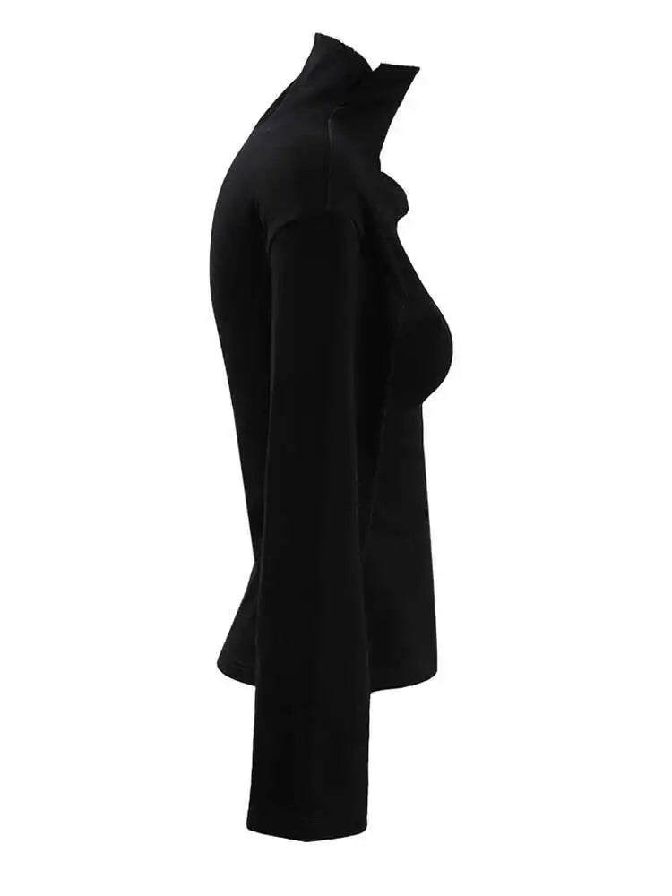 Women Black Hollow Out Slim Elegant Plain T-shirt New Turtleneck Long Sleeve Fashion Tide Spring Autumn 2025 CPDB103