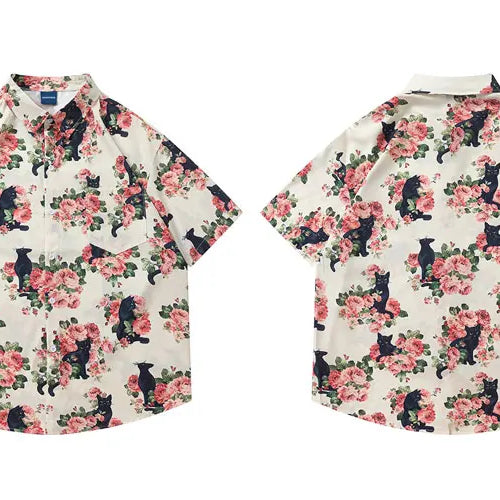 Load image into Gallery viewer, Men Oversized Hawaiian Shirts Black Cat Floral Graphic Print Button Up Blouse 2024 Harajuku Loose Short Sleeve Summer Beach Tops
