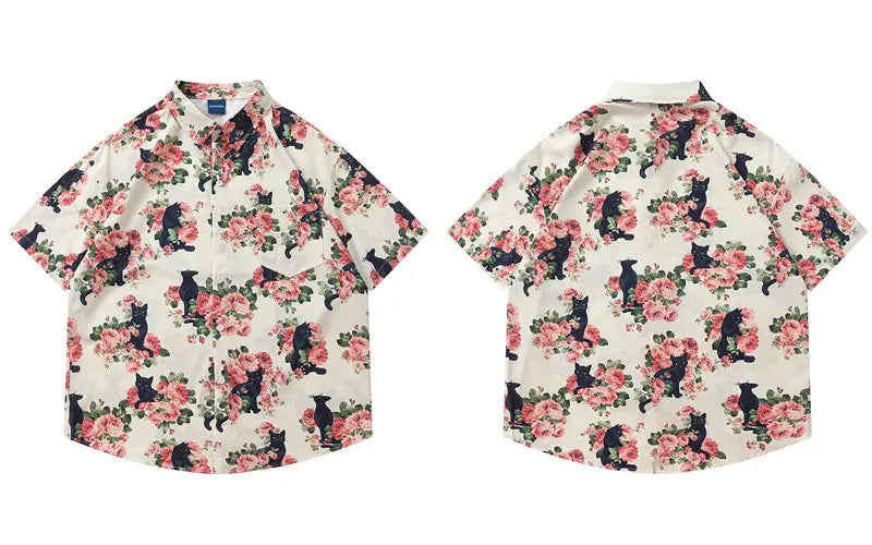 Men Oversized Hawaiian Shirts Black Cat Floral Graphic Print Button Up Blouse 2024 Harajuku Loose Short Sleeve Summer Beach Tops