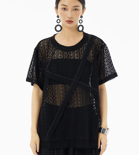 Women White Lace Perspecvtive Big Size Thin T-shirt New Round Neck Short Sleeve Fashion Tide Spring Summer 2025 1DH5692