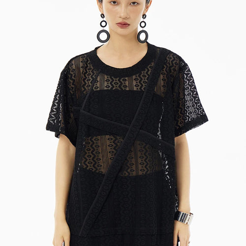 Load image into Gallery viewer, Women White Lace Perspecvtive Big Size Thin T-shirt New Round Neck Short Sleeve Fashion Tide Spring Summer 2025 1DH5692
