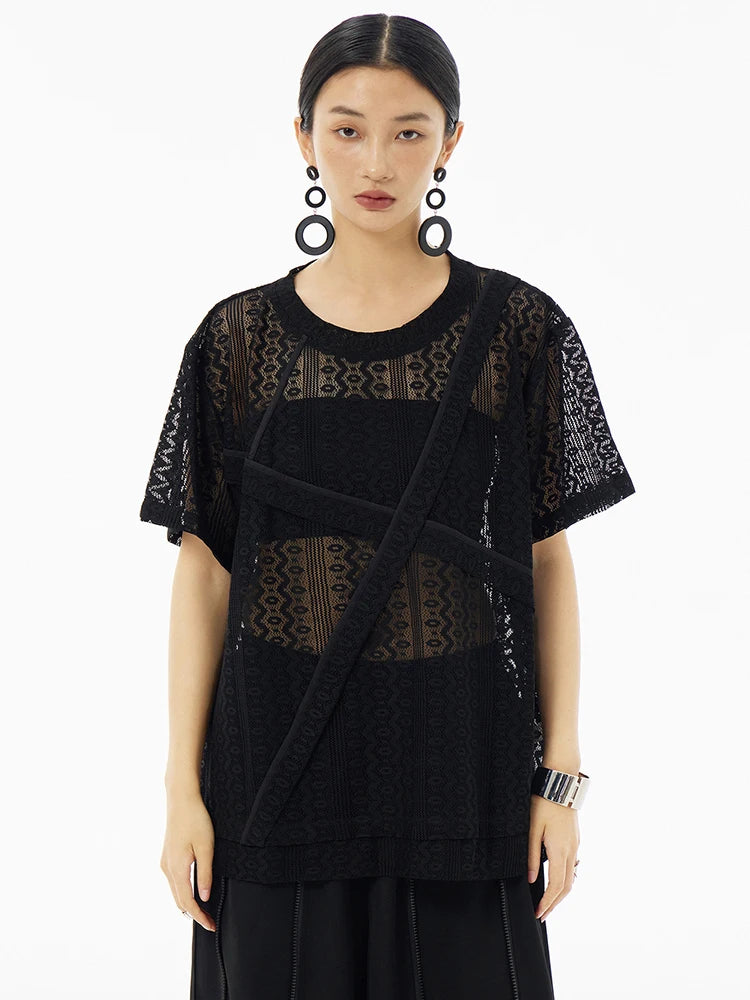 Women White Lace Perspecvtive Big Size Thin T-shirt New Round Neck Short Sleeve Fashion Tide Spring Summer 2025 1DH5692