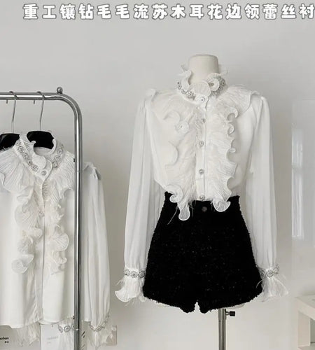 Vintage Fashion Women White Diamond Festival Shirt Autumn Elegant Long Sleeve Blouse French Single Breasted Ruffles Shirt Simple