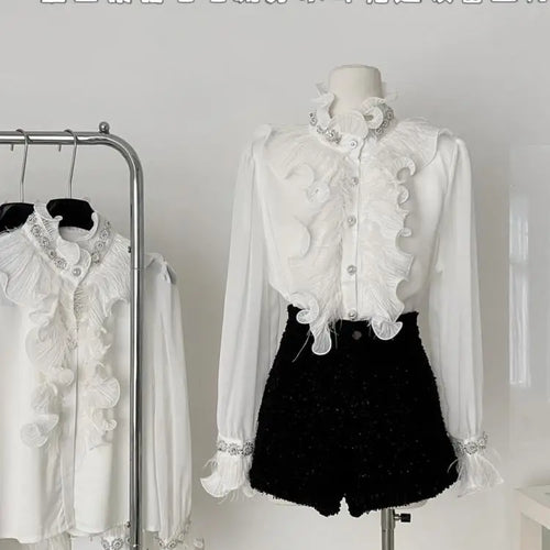 Load image into Gallery viewer, Vintage Fashion Women White Diamond Festival Shirt Autumn Elegant Long Sleeve Blouse French Single Breasted Ruffles Shirt Simple
