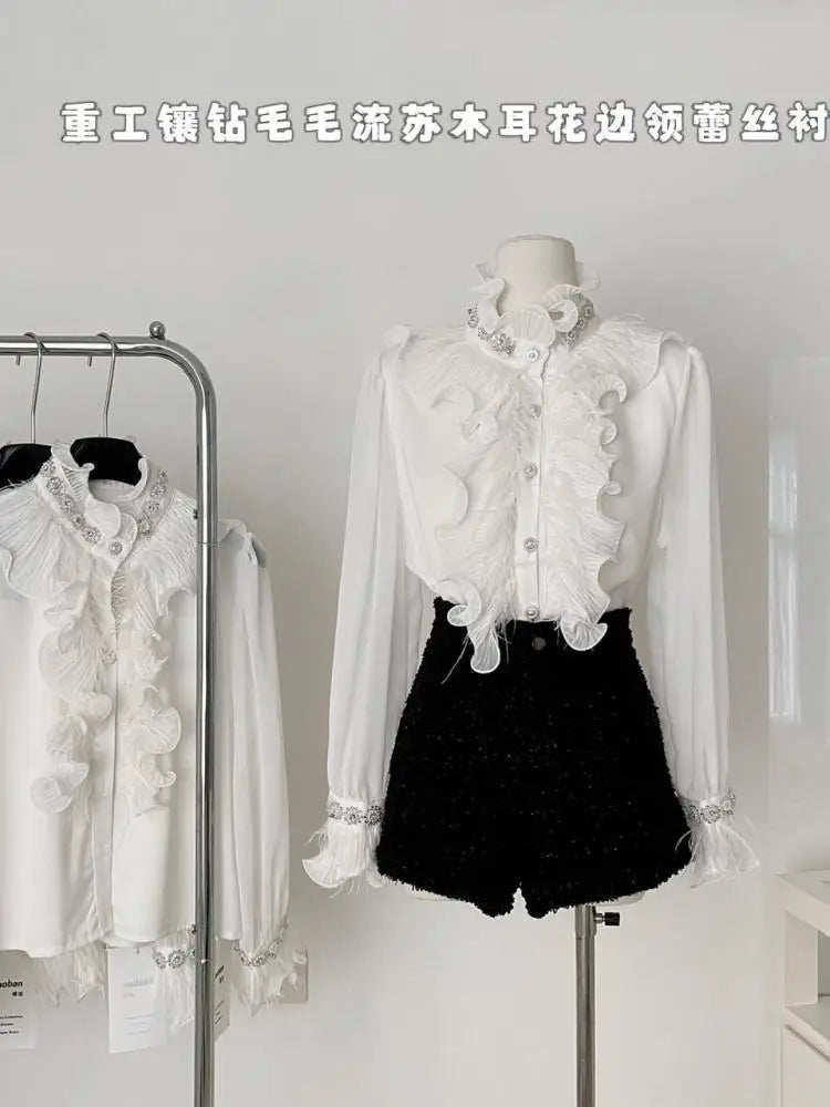 Vintage Fashion Women White Diamond Festival Shirt Autumn Elegant Long Sleeve Blouse French Single Breasted Ruffles Shirt Simple