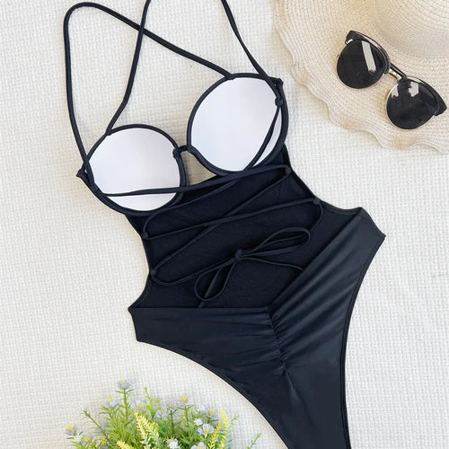 Load image into Gallery viewer, Black One Piece Swimsuit Women 2025 Halter High Waist Monokini Sexy Backless Swimwear Push Up Bathing Suit
