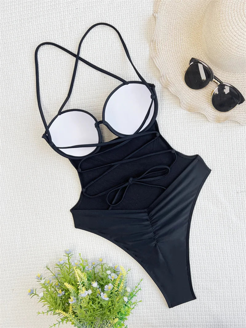 Black One Piece Swimsuit Women 2025 Halter High Waist Monokini Sexy Backless Swimwear Push Up Bathing Suit