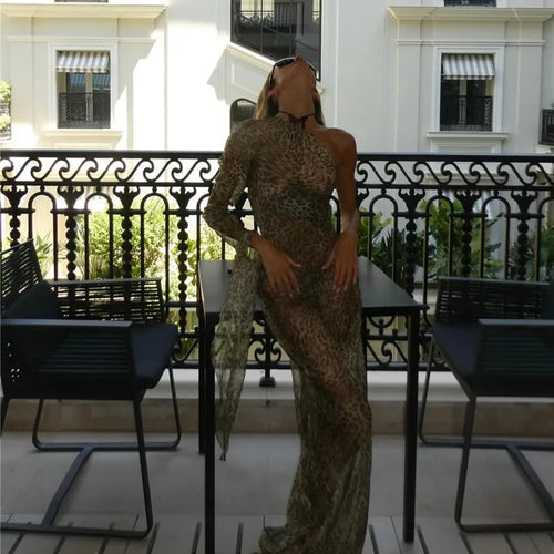 Load image into Gallery viewer, One Shoulder Leopard Print Maxi Dress Women Inclined Shoulder Backless Beach Holiday Vacation Club Sexy Long Dress
