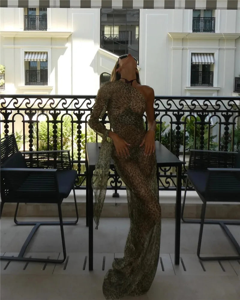 One Shoulder Leopard Print Maxi Dress Women Inclined Shoulder Backless Beach Holiday Vacation Club Sexy Long Dress